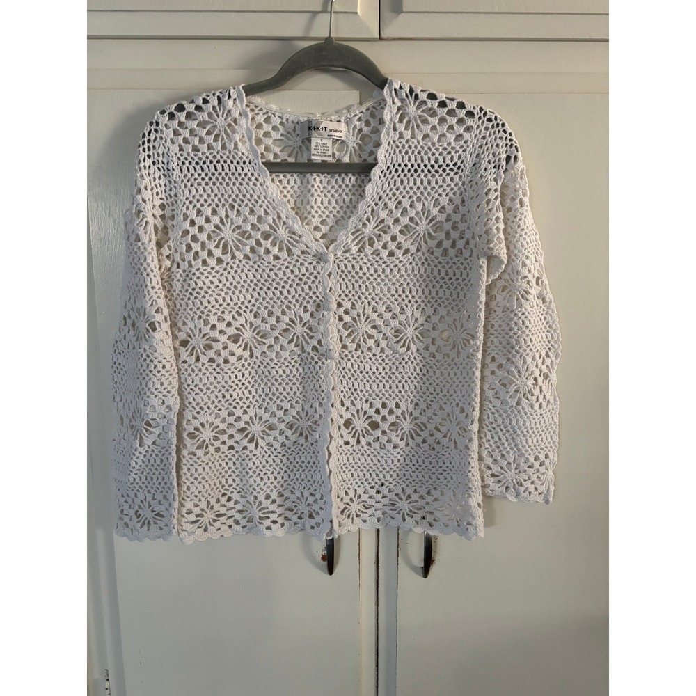 White Crochet  Cardigan Ramie Cotton Size Small Cottagecore Boho-chic Festival